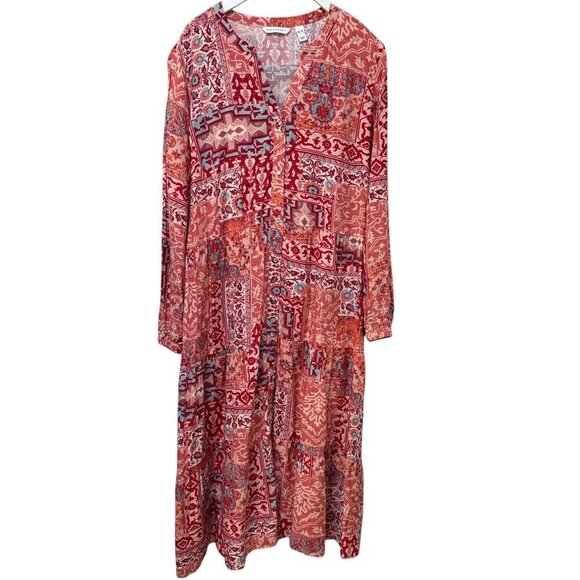 Denim & Co. Canyon Retreat Printed Tiered Midi Dress Size XL Rayon Coral Red - Picture 3 of 10